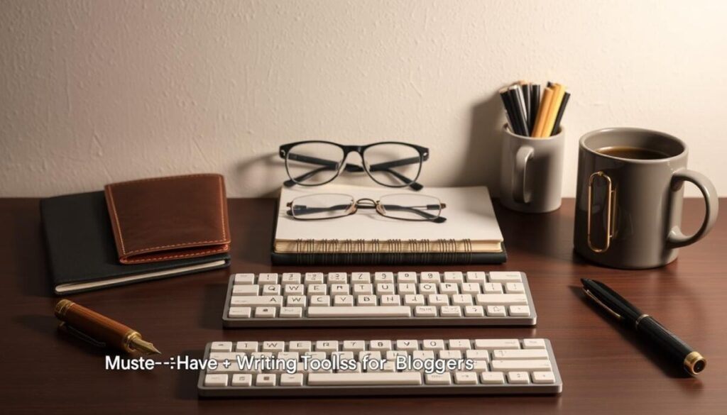 A neatly arranged still life composition of essential writing tools for bloggers, set against a neutral, softly-lit backdrop. In the foreground, a vintage fountain pen, a sleek modern keyboard, and a high-quality notebook with a leather cover. In the middle ground, a pair of retro-style eyeglasses, a minimalist desk organizer, and a stylish mug of coffee. The background features a plain wall with subtle texture, casting gentle shadows that add depth and atmosphere to the scene. The overall mood is one of focused productivity and creative inspiration, perfect for illustrating the "Must-Have Writing and Editing Tools for Bloggers" section of the article.