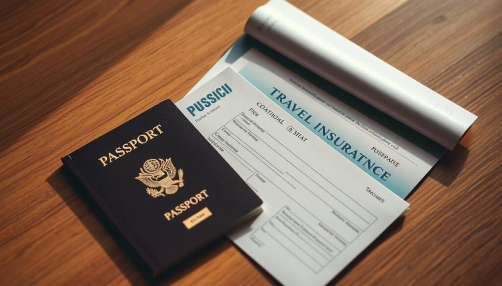 A neatly organized array of essential travel documents, including a passport, visa, and travel insurance, resting on a warm, wooden surface. The documents are illuminated by soft, directional lighting, casting subtle shadows and highlighting the intricate details. The scene has a muted, earthy color palette, conveying a sense of security and preparedness. The camera angle is slightly elevated, providing a clear, unobstructed view of the items. The overall mood is one of calm and confidence, reflecting the importance of these critical travel essentials.
