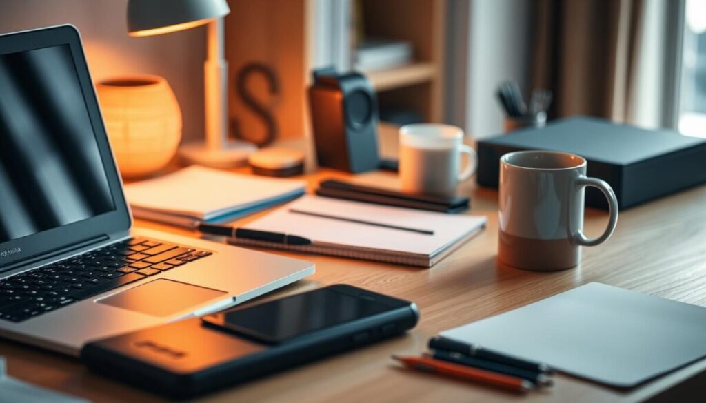 A neatly organized desk with various SEO tools for bloggers, including a laptop, smartphone, coffee mug, and desk accessories. The setup is well-lit with a warm, inviting glow, captured from a slightly elevated angle to showcase the tools in an organized, professional manner. The background is blurred, creating a soft, focus-drawing effect on the key tools. The overall mood is one of productivity, efficiency, and a blogger's desire to increase their online visibility through effective SEO strategies.