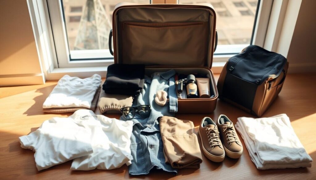 A neatly organized flat-lay of essential travel clothing items, bathed in warm natural light from a large window. In the foreground, a collage of neutral-toned basics like a classic white t-shirt, versatile black pants, and a cozy sweater. In the middle ground, a selection of comfortable yet stylish pieces like a chambray shirt, a lightweight rain jacket, and a pair of sturdy walking shoes. In the background, a neutral-toned canvas suitcase open to reveal meticulously packed clothing, accessories, and toiletries. The overall scene conveys a sense of effortless, minimalist travel style.