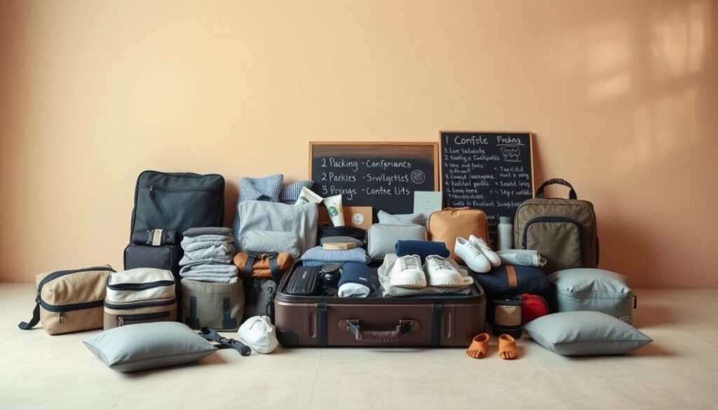 A neatly organized travel packing display against a soft, neutral backdrop. In the foreground, a suitcase lies open, revealing a carefully arranged array of clothing, toiletries, and essential accessories. Surrounding the suitcase, various packing cubes, compression bags, and organizational tools are meticulously placed, showcasing efficient packing strategies. The middle ground features a chalkboard or wooden surface, with handwritten packing tips and checklists, conveying a sense of practical, DIY-inspired preparation. The background is a serene, minimalist setting, with muted colors and subtle textures, allowing the packing essentials to take center stage. Warm, directional lighting subtly highlights the textures and details, creating a clean, aspirational aesthetic.