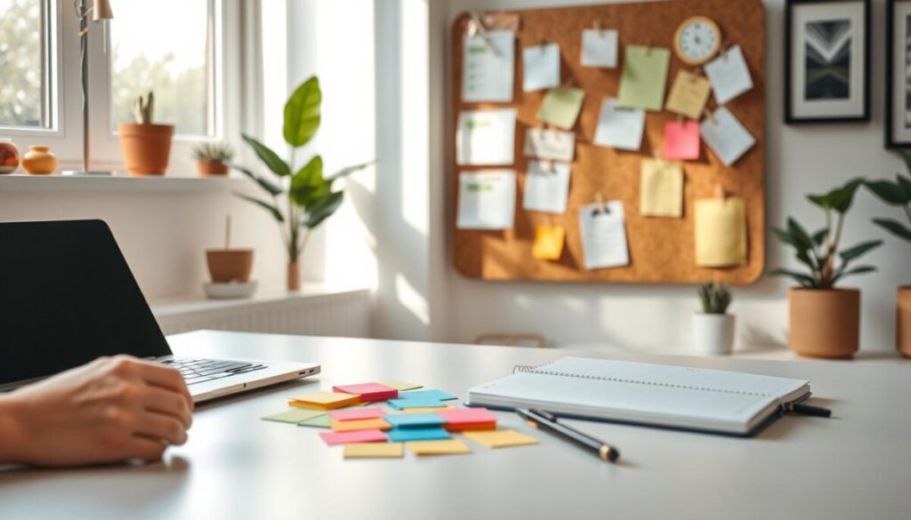 A neatly organized workspace with a minimalist desk, a laptop, a planner, and a pen. In the foreground, a person's hands are arranging colorful sticky notes, creating a visual representation of time management strategies. The middle ground features a wall-mounted cork board with various schedules, reminders, and to-do lists pinned to it, illuminated by soft, natural lighting from a nearby window. The background depicts a serene, nature-inspired setting, with a few potted plants and framed artwork, creating a calming and focused environment.