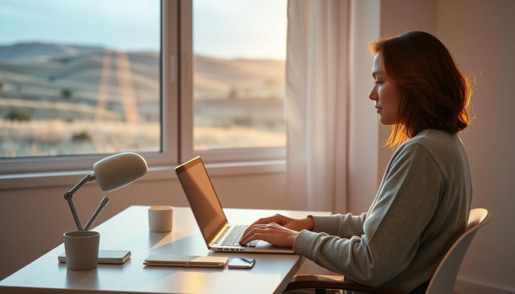 A peaceful, serene morning scene with a person working intently at a minimalist desk, bathed in soft, warm lighting from a nearby window. The background features an open landscape with rolling hills and a distant horizon, creating a sense of tranquility and focus. The subject is dressed in casual, comfortable attire, their face illuminated by the glow of a laptop screen, symbolizing the early rise and dedicated start to the day. The composition is balanced and inviting, with attention to detail in the clutter-free workspace and the play of light and shadow. An atmosphere of productivity, clarity, and calm pervades the scene.