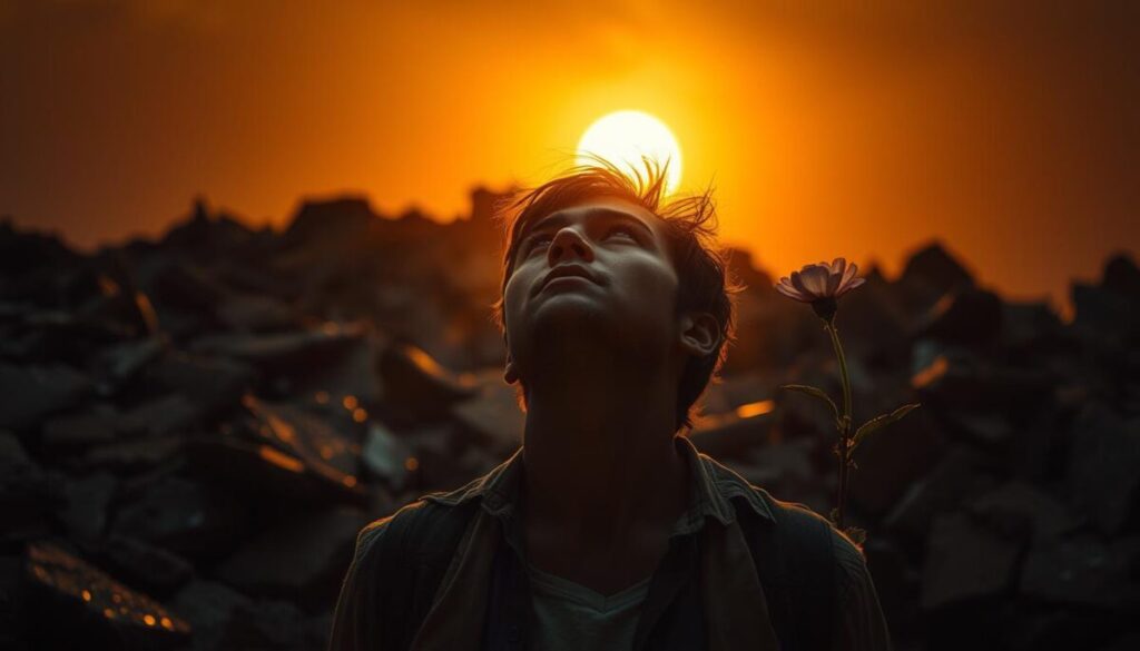 A person standing amidst the ruins of their past failures, weathered but resolute, gazing upwards towards a glimmering, golden sunrise, signifying the dawn of a new chapter. Dramatic chiaroscuro lighting casts deep shadows, highlighting the determined expression on their face. In the background, shattered glass and debris symbolize the obstacles overcome, while a single, resilient flower blooms from the rubble, embodying the strength found in adversity. The overall mood is one of hopeful perseverance, conveying the transformative power of using past setbacks as stepping stones towards personal growth and success.