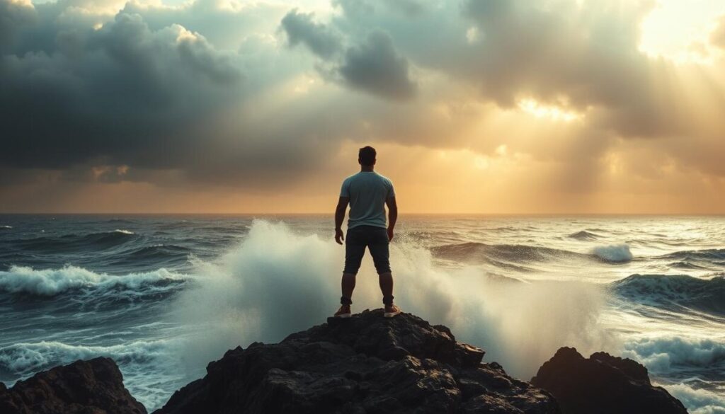A person standing atop a rocky cliff, gazing out over a vast, storm-tossed sea. The sky is a dramatic, roiling mix of dark clouds and shafts of golden light breaking through. Crashing waves crash against the jagged rocks below, spray rising up in a ephemeral mist. The figure's posture is one of determined resolve, shoulders squared, head held high, as they face the turbulent elements head-on. The composition emphasizes the contrast between the human's small, solitary form and the immense, untamed power of nature, conveying a sense of overcoming adversity through sheer force of will. Cinematic, high-contrast lighting accentuates the scene's dramatic, atmospheric qualities.