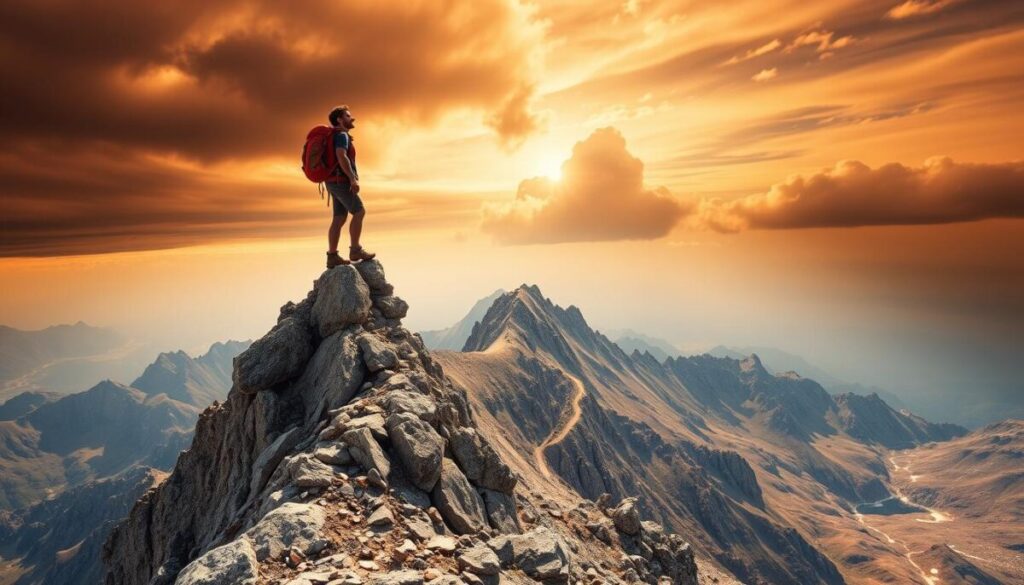 A person standing atop a tall, jagged mountain peak, gazing confidently into the distance. The foreground shows the climber's determined expression, rugged hiking gear, and a backpack symbolizing their journey. The middle ground depicts a winding, treacherous path leading up the mountain, with obstacles like rock formations and steep inclines. The background showcases a breathtaking landscape, with a vast, dramatic sky filled with warm, golden light, representing the triumph of overcoming challenges and the promise of success. The scene is captured with a wide-angle lens, emphasizing the scale and grandeur of the achievement.