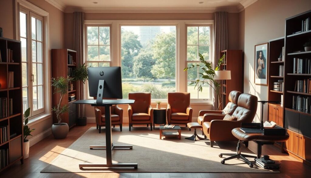 A productive remote work environment: a spacious home office bathed in warm, natural light streaming through large windows. In the foreground, a sleek, ergonomic standing desk with a minimalist computer setup and a potted plant. The middle ground features comfortable, high-backed leather chairs arranged for collaboration, while bookcases and framed artwork line the walls, creating a sense of sophistication. In the background, a view of a lush, verdant garden or cityscape, hinting at a balance between focused work and moments of tranquility. The overall mood is one of efficiency, creativity, and a harmonious blend of professionalism and personal style.