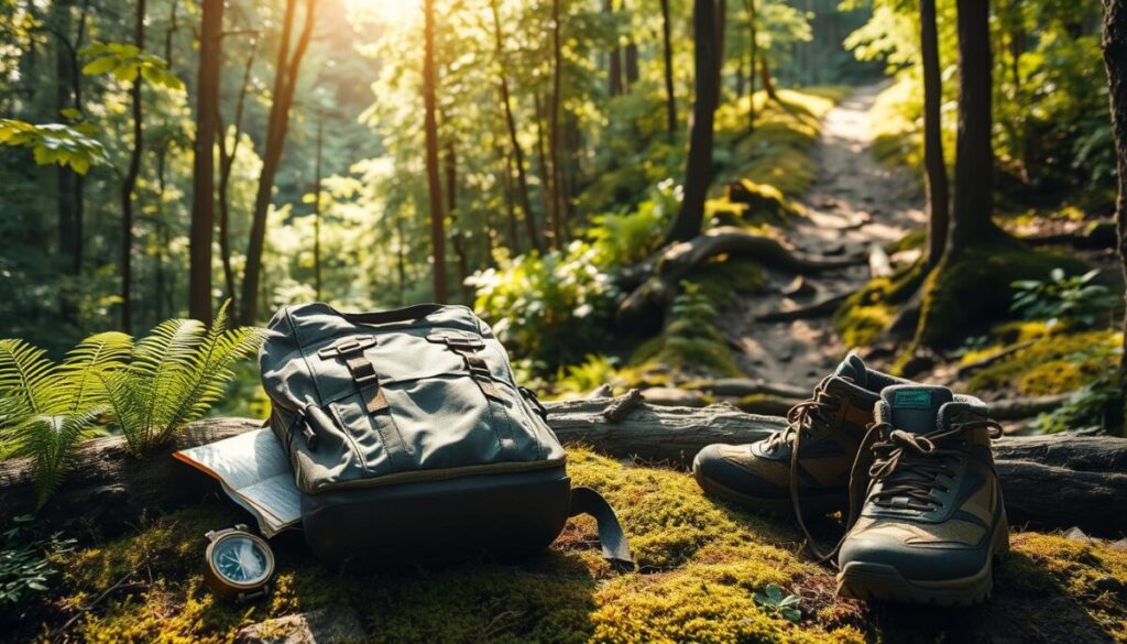 A rugged backpack lies on a mossy forest floor, surrounded by ferns and fallen logs. A compass and map rest beside it, hinting at the journey ahead. Sunlight filters through the dense canopy, casting warm, dappled shadows across the scene. In the distance, a hiking trail winds its way through the lush, verdant wilderness. The air is crisp and clean, evoking a sense of adventure and exploration. A pair of sturdy hiking boots stands ready, waiting to guide the weary traveler onward through this untamed natural landscape.