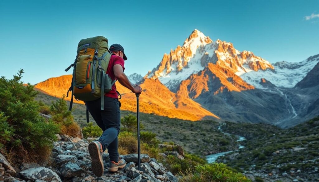 A rugged, terrain-specific backpacking scene set against a dramatic mountain landscape. In the foreground, a well-equipped hiker navigates a rocky trail, their sturdy backpack and hiking gear showcasing the specialized equipment needed for this challenging environment. The middle ground features lush, verdant foliage and a winding stream cutting through the terrain, while the background is dominated by towering, snow-capped peaks bathed in warm, golden light. The scene conveys a sense of adventure, exploration, and the unique demands of backcountry travel in this specific, unforgiving landscape.