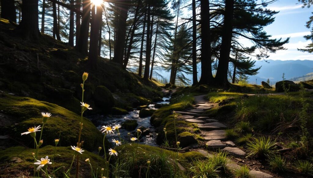 A secluded woodland clearing, the sun's warm rays filtering through a canopy of ancient trees. Moss-covered rocks and a babbling brook create a serene, off-the-beaten-path scene. In the foreground, delicate wildflowers sway gently in a light breeze, their petals casting soft shadows on the forest floor. The middle ground reveals a winding, overgrown trail leading deeper into the untamed wilderness, inviting the explorer to venture forth. Distant mountains rise majestically on the horizon, their peaks shrouded in wispy clouds. This hidden oasis exudes a sense of tranquility and timeless, natural beauty, beckoning the viewer to discover its enchanting secrets.
