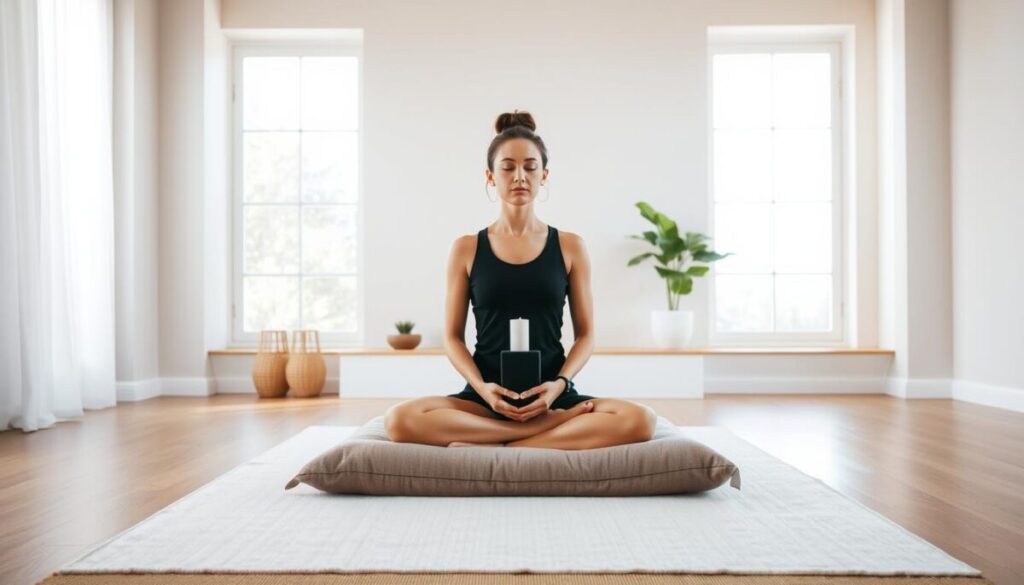 A serene and tranquil meditation studio, bathed in soft natural light filtering through large windows. In the foreground, a person sits cross-legged on a plush meditation cushion, their eyes closed in deep concentration, hands resting gently on their lap. The middle ground features a simple, minimalist altar with a single candle, incense, and a small plant, creating a focal point for the meditation practice. The background showcases a calming, neutral-toned wall, with a hint of greenery from an indoor plant, evoking a sense of balance and harmony. The atmosphere is one of stillness, introspection, and a deep connection with the present moment.