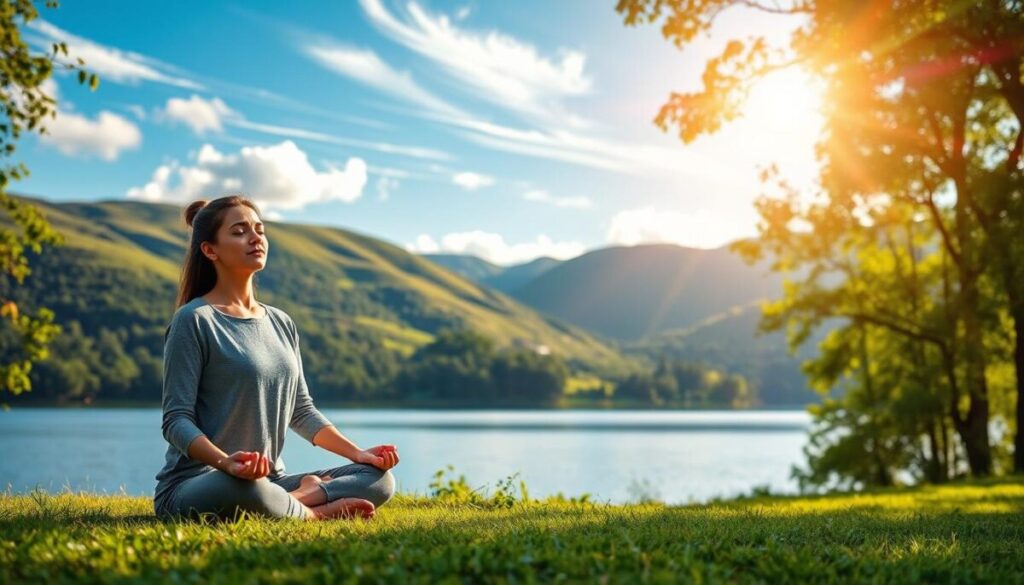 A serene and tranquil scene depicting the benefits of mindfulness practice. In the foreground, a person sits in a meditative pose, eyes closed, radiating an aura of inner peace and calm. The middle ground features a lush, verdant landscape with rolling hills, a tranquil lake, and a clear blue sky dotted with wispy clouds. In the background, subtle beams of warm, golden light filter through the trees, creating a soft, diffused glow that enhances the sense of tranquility and well-being. The overall composition conveys a sense of harmony, balance, and the profound mental and physical benefits of regular mindfulness exercises.