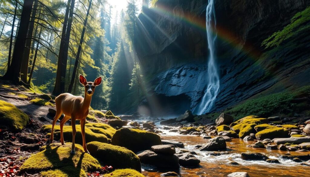 A serene forest glade, sunlight filtering through the canopy, illuminating a hidden stream meandering over mossy rocks. In the foreground, a deer pauses mid-step, ears perked, its gaze capturing the tranquility of the moment. Further back, a waterfall cascades down a rugged cliff face, its mist creating a rainbow-hued halo. The scene exudes a sense of timelessness, inviting the viewer to pause and immerse themselves in the untamed beauty of nature's hidden gems.
