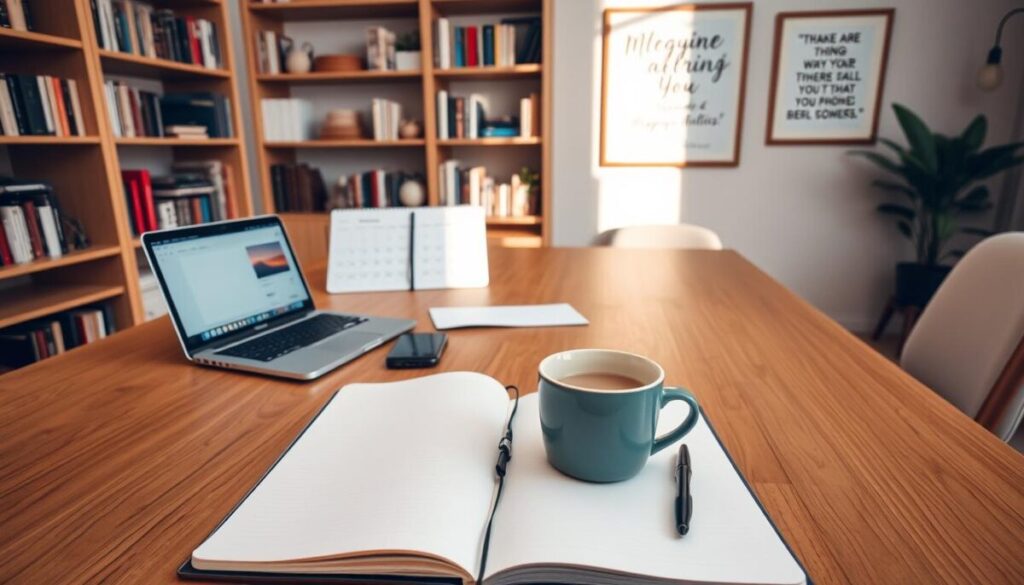 A serene home office with a large wooden desk, a laptop, and a cup of coffee. In the foreground, an open notebook and a pen, symbolizing the milestones of a blogging journey. The middle ground features a calendar, a smartphone, and a blogging analytics dashboard, representing the tracking and measuring of progress. The background showcases bookshelves filled with inspiring reads and a framed inspirational quote on the wall, conveying the sense of growth and achievement. Soft, natural lighting illuminates the scene, creating a warm and focused atmosphere.