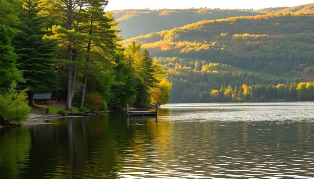 A serene lakeside retreat nestled amidst lush, verdant forests in the Eastern United States. Towering pine and maple trees line the shore, their leaves gently rustling in the soft breeze. Sunlight filters through the foliage, casting a warm, golden glow over the tranquil waters of the lake. In the foreground, a small wooden dock extends into the still, mirror-like surface, inviting visitors to sit and soak in the peaceful atmosphere. The background is dominated by rolling hills, their slopes blanketed in a tapestry of vibrant greens and autumnal hues. A sense of timeless, natural harmony pervades the scene, creating a haven of relaxation and rejuvenation.