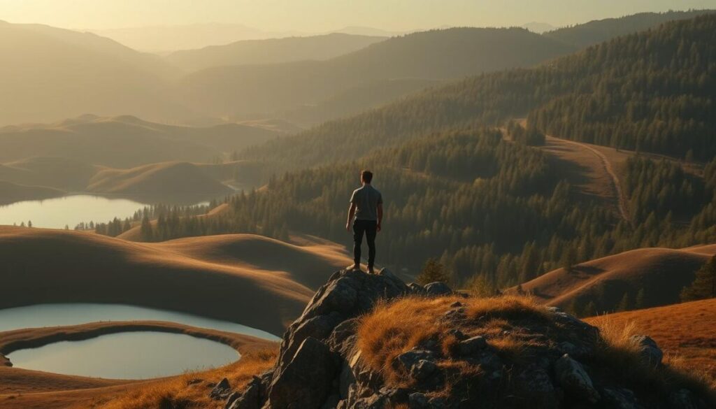 A serene landscape with rolling hills and a peaceful lake in the foreground. In the middle ground, a person standing on a rocky outcrop, contemplating a path forward through a dense forest of obstacles and challenges. Soft, warm lighting illuminates the scene, casting long shadows across the terrain. The atmosphere conveys a sense of quiet determination and resilience as the individual navigates the uncertainties ahead. Telephoto lens captures the depth and scale of the setting, emphasizing the scale of the challenge while keeping the focus on the solitary figure facing it head-on.