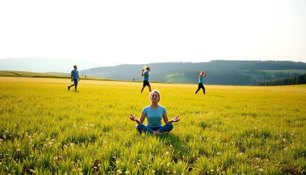 A serene meadow bathed in soft, diffuse natural lighting. In the foreground, a person sitting in a lotus position, eyes closed, palms facing upwards in a meditative pose. In the middle ground, several simple mindfulness practices are depicted: a person walking slowly and mindfully, another person taking deep breaths while gazing at a flower, and a person practicing gentle stretches. The background features a tranquil landscape with rolling hills, a distant forest, and a calm, clear sky. The overall mood is one of peace, calm, and introspection.