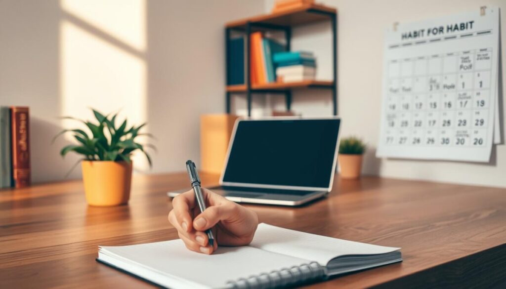 A serene, minimalist office setting with a wooden desk, a potted plant, and a laptop computer. In the foreground, a hand writes on a notepad, illustrating the process of habit formation. The background features a bookshelf with self-help titles and a calendar highlighting significant milestones. Warm, natural lighting bathes the scene, conveying a sense of focus and determination. The composition emphasizes the importance of thoughtful, intentional actions in building lasting habits.