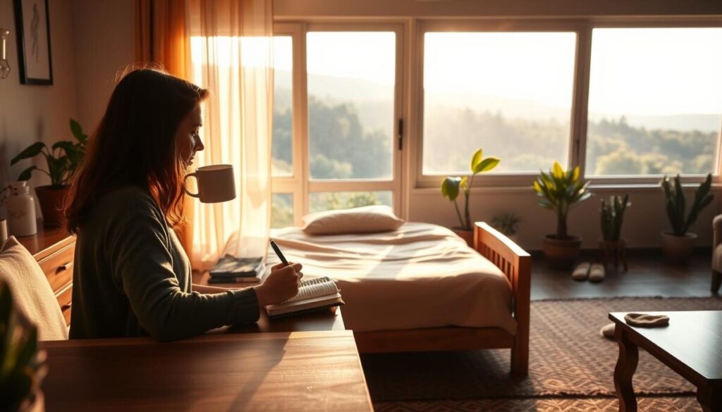 A serene morning scene unfolds in a cozy home. In the foreground, a person sits at a desk, sipping a steaming cup of coffee while jotting down notes in a journal. Warm, soft lighting filters through sheer curtains, casting a golden glow on the wooden furniture and potted plants. In the middle ground, a neatly made bed and a pair of slippers suggest a peaceful start to the day. The background showcases a large window overlooking a lush, verdant landscape, hinting at the tranquility and inspiration that awaits. The atmosphere radiates a sense of focus, mindfulness, and the promise of a productive and successful day ahead.