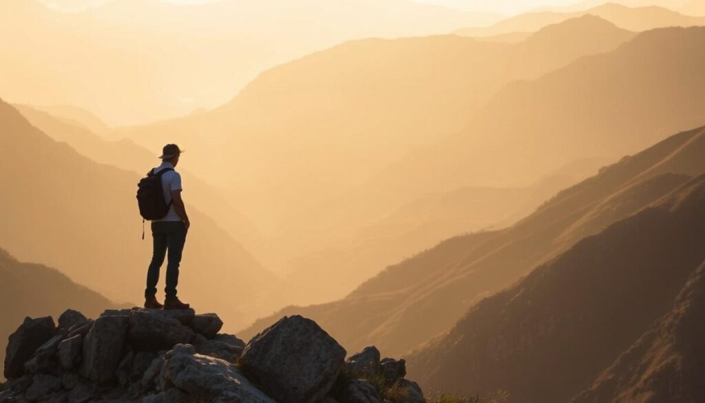 A serene, mountainous landscape with a solitary figure standing atop a rocky outcrop, gazing into the distance. Warm, golden light bathes the scene, casting a soft glow and creating a sense of introspection. The figure, clad in minimalist hiking gear, appears to be in deep contemplation, symbolizing the transformative journey of personal growth through solo travel. The vast, untamed wilderness in the background represents the expansive possibilities and self-discovery that await the adventurer. A sense of wonder, resilience, and inner strength emanates from the scene, inviting the viewer to imagine the profound lessons and insights the traveler has gained.