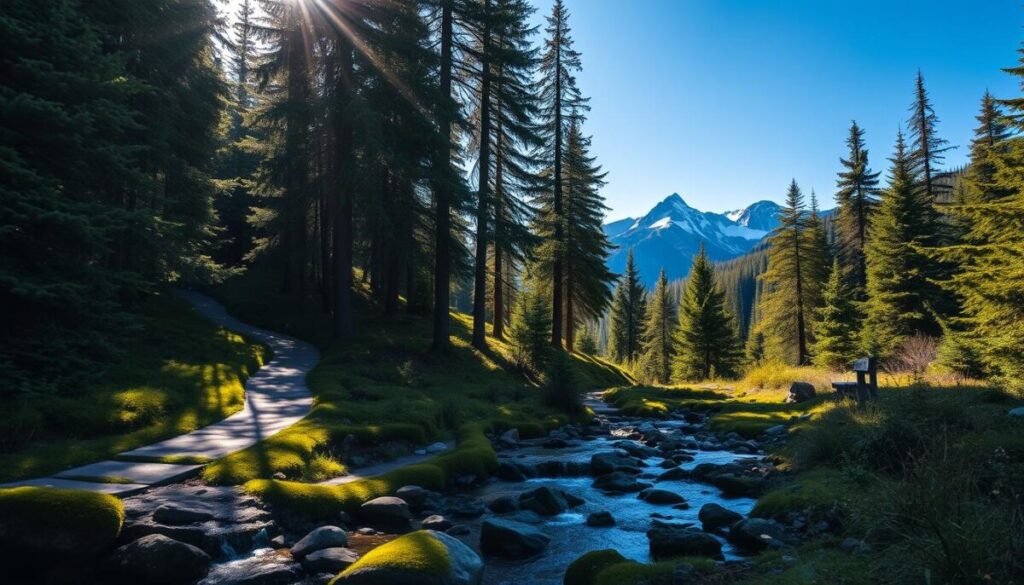 A serene, secluded hiking trail winds its way through a lush, verdant forest. Towering evergreen trees cast dappled shadows on the path, creating a peaceful, meditative atmosphere. In the foreground, a picturesque stream trickles over mossy rocks, its gentle murmurs inviting exploration. The middle ground features a small, secluded clearing, where a wooden bench invites hikers to rest and take in the tranquil surroundings. In the distance, rugged, snow-capped mountains rise majestically, their peaks piercing the azure sky. Warm, golden sunlight filters through the canopy, imbuing the scene with a sense of warmth and serenity. This hidden gem, untouched by the hustle and bustle of modern life, offers a truly restorative outdoor experience.