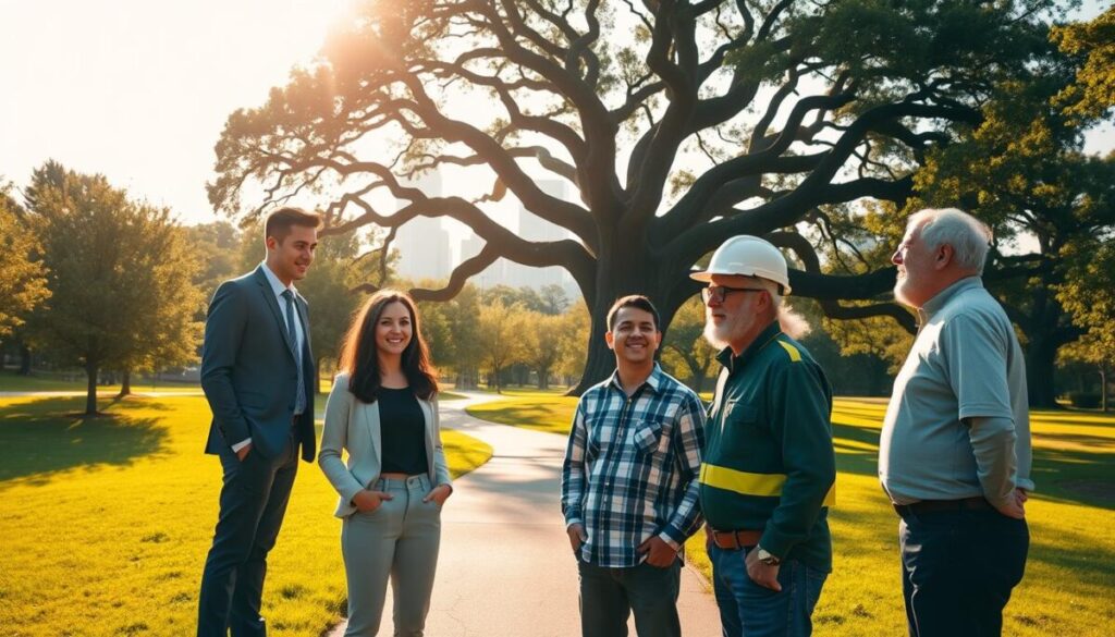 A serene, sun-dappled park setting, with a meandering path leading towards a majestic oak tree in the distance. In the foreground, a group of diverse individuals - a business executive, a student, a construction worker, and a retiree - are engaged in animated conversation, their faces radiating a sense of purpose and determination. The middle ground features a backdrop of towering skyscrapers, symbolizing the urban landscape they have each conquered through their extraordinary achievements. Warm, golden lighting casts a sense of hope and inspiration, while a subtle haze adds an air of mystery and wonder to the scene.