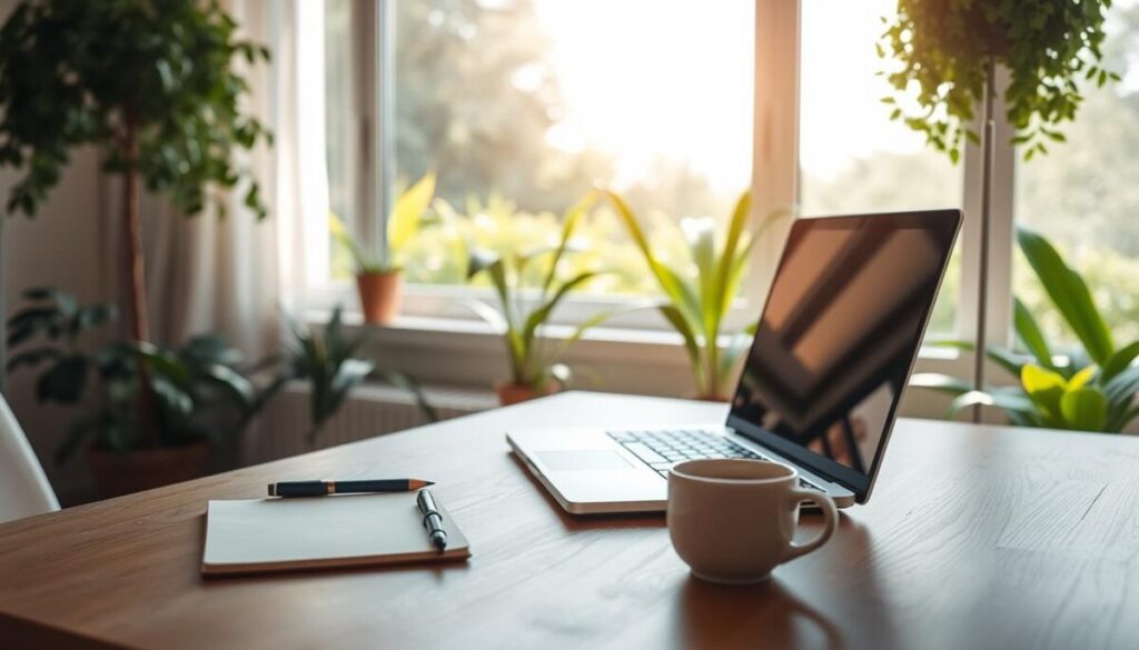 A serene, well-lit workspace with an open laptop, a notebook, and a cup of coffee on a minimalist wooden desk. In the background, a large window overlooks a vibrant, green garden, casting a warm, natural light throughout the room. The overall atmosphere exudes a sense of focus, productivity, and tranquility, embodying the essence of successful blogging.