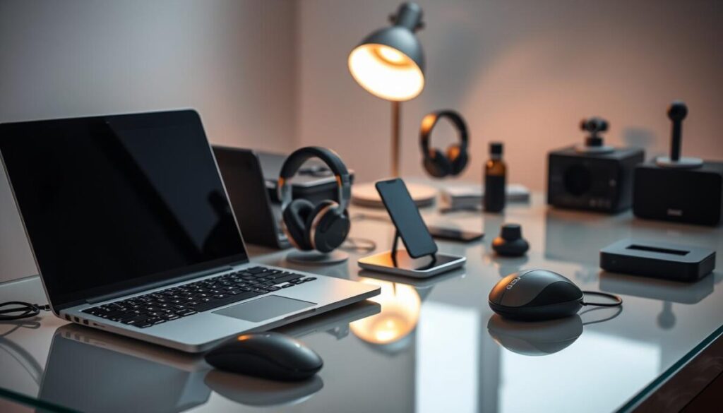 A sleek and stylish workspace filled with an array of productivity-enhancing gadgets. In the foreground, a high-end laptop, a wireless mouse, and a premium keyboard sit atop a minimalist, glass-topped desk. Beside them, a modern desk lamp casts a warm, focused glow. In the middle ground, a compact, noise-cancelling headset and a state-of-the-art smartphone stand ready to aid in focused work and seamless communication. In the background, a compact, wireless charging station and a compact, high-definition webcam complete the scene, creating a professional and efficient workspace for the modern, on-the-go professional.