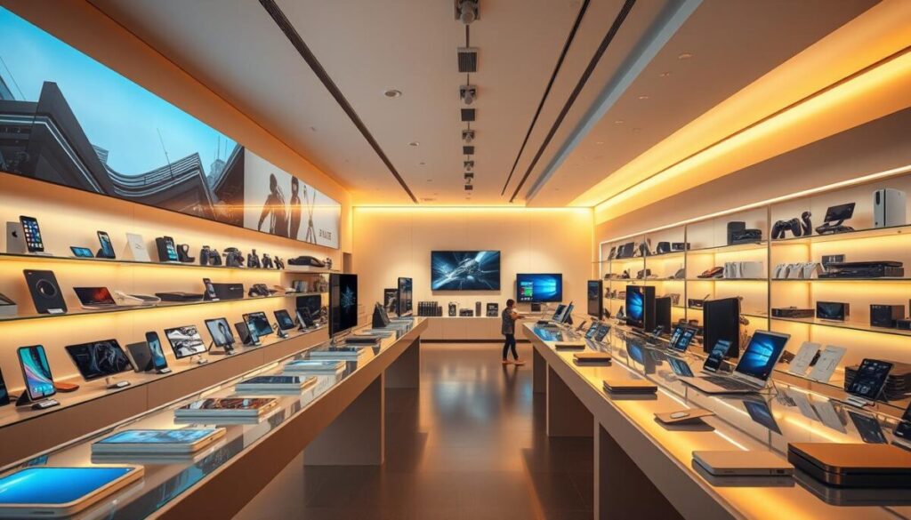 A sleek, modern tech store interior with rows of gleaming electronic devices on glass display shelves. Warm, diffused lighting highlights the clean, minimalist design. In the foreground, a collection of the latest smartphones, tablets, and laptops are showcased, their screens casting a soft glow. The middle ground features larger items like TVs, gaming consoles, and smart home devices, all arranged in an aesthetically pleasing manner. The background subtly depicts futuristic architectural elements, hinting at the cutting-edge technology on offer. An atmosphere of excitement and potential savings permeates the scene, inviting the viewer to explore the latest tech deals.