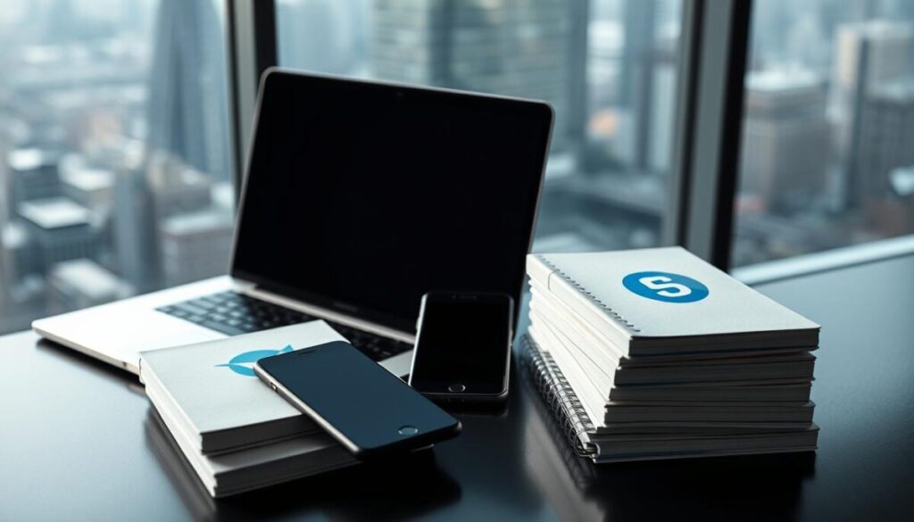 A sleek, modern workspace with a laptop, smartphone, and stacks of notebooks showcasing different blogging platform logos. The scene is bathed in soft, directional lighting, casting subtle shadows and highlighting the devices' clean, minimalist designs. In the background, a blurred cityscape provides an urban, professional ambiance. The overall tone is one of focused productivity and careful consideration of the various blogging options available.