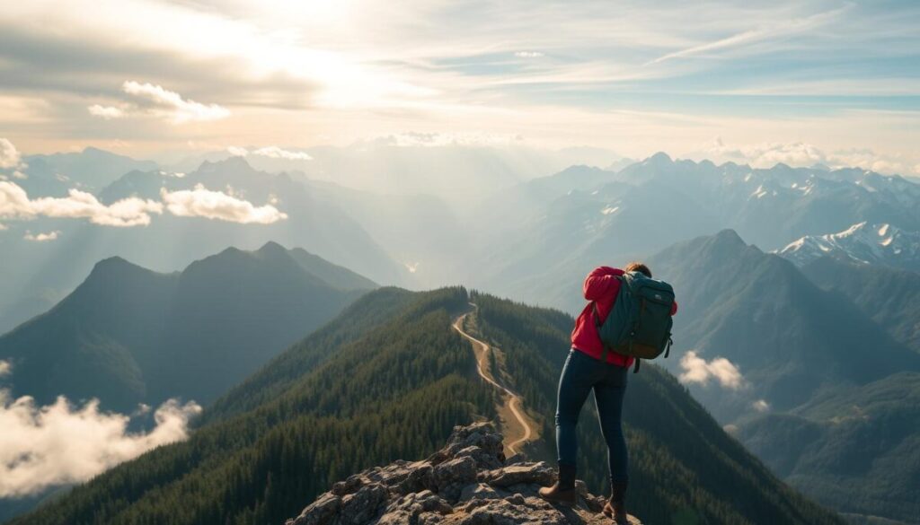 A solo female traveler stands atop a majestic mountain peak, her arms raised in a triumphant gesture. Sunlight filters through wispy clouds, casting a warm, golden glow over her determined expression. In the middle ground, a winding path leads through lush, verdant forests, symbolizing the journey she has undertaken. The background depicts a sweeping vista of towering, snow-capped peaks, conveying a sense of scale and grandeur. The traveler's posture radiates confidence, self-assurance, and a newfound inner strength, reflecting the transformative power of solo exploration in unfamiliar territories.