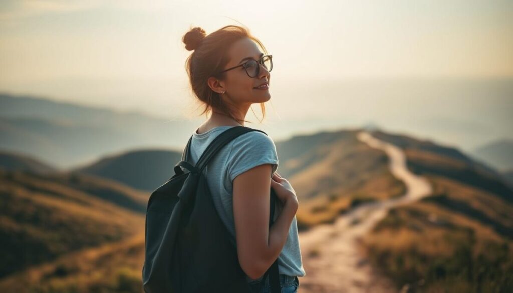 A solo female traveler stands tall, gaze fixed on the horizon, backpack slung over her shoulder. Warm natural light illuminates her from the side, casting dynamic shadows that accentuate her confident posture. The background blurs into a serene landscape - rolling hills, a winding path, and a distant horizon line that promises new adventures. The mood is one of self-assuredness, independence, and a sense of boundless possibility. The frame is composed to convey a balanced, harmonious perspective, with the traveler as the focal point. The overall impression is of a woman who has found the courage and self-reliance to explore the world on her own terms.