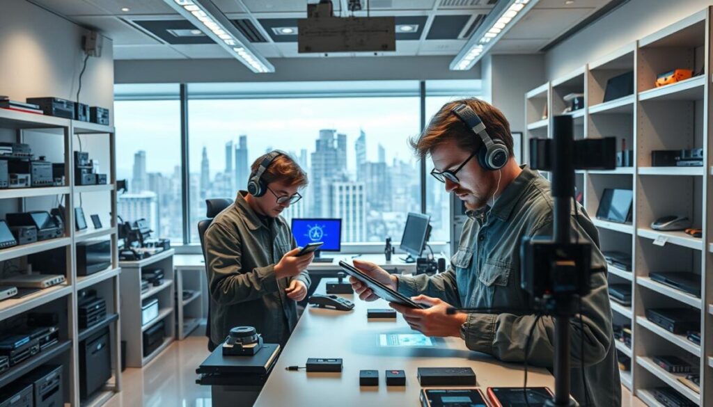 A spacious, well-lit electronics testing lab, outfitted with an array of sophisticated gadgets and measuring equipment. In the foreground, a team of engineers meticulously examining a sleek, futuristic smartphone, subjecting it to a battery of rigorous performance tests under precise lighting conditions. Surrounding them, shelves stocked with the latest tech products, each undergoing thorough evaluation. Holographic displays showcase technical data and test results, while a large panoramic window offers a view of a bustling cityscape, evoking a sense of technological innovation and progress. The atmosphere is one of focused professionalism, as the team pushes the boundaries of gadget testing methodology to deliver comprehensive, unbiased assessments.