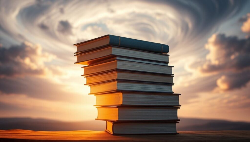 A stack of five captivating books levitating against a backdrop of a pensive, introspective landscape. The books are illuminated by a warm, golden light, casting an ethereal glow and suggesting their transformative power. The background features a dreamlike, swirling sky with clouds in shades of blue and purple, creating a sense of depth and mystery. The overall composition conveys a sense of contemplation, growth, and the potential for a shifted perspective.