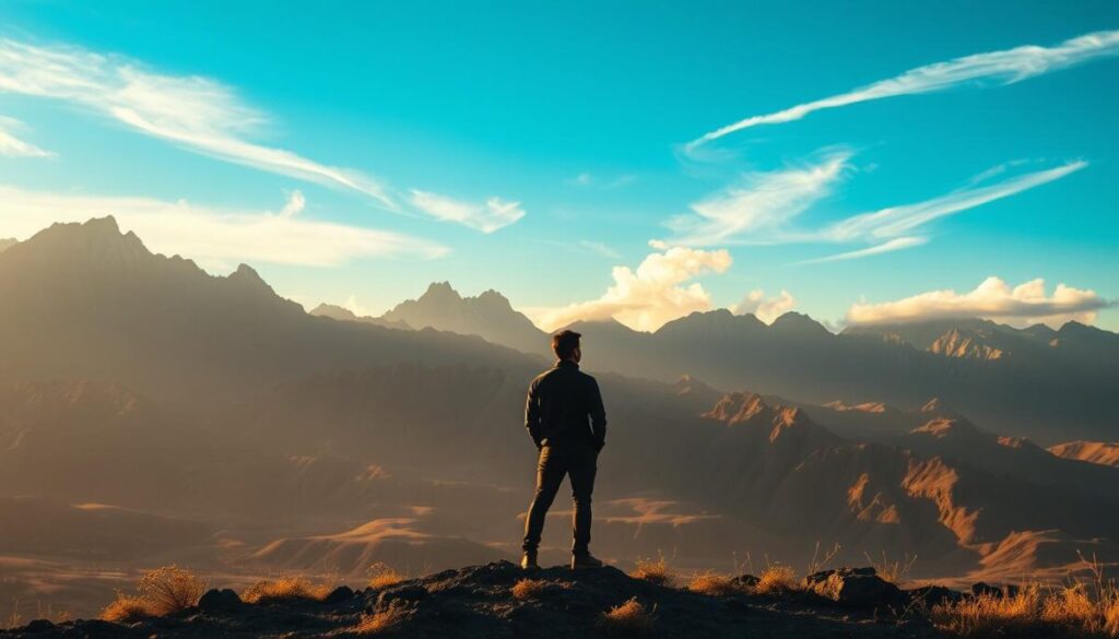 A stunning landscape depicting the triumph of the human spirit, with a rugged mountain range in the background symbolizing the challenges we face. In the foreground, a solitary figure stands tall, their silhouette reflecting determination and resilience. Warm, golden light bathes the scene, evoking a sense of hope and perseverance. The figure's posture is unwavering, their gaze fixed on the distant horizon, radiating an aura of inner strength. Wispy clouds drift across the sky, hinting at the unpredictable nature of life's obstacles, yet the figure remains steadfast, a testament to the power of the human will to overcome adversity.