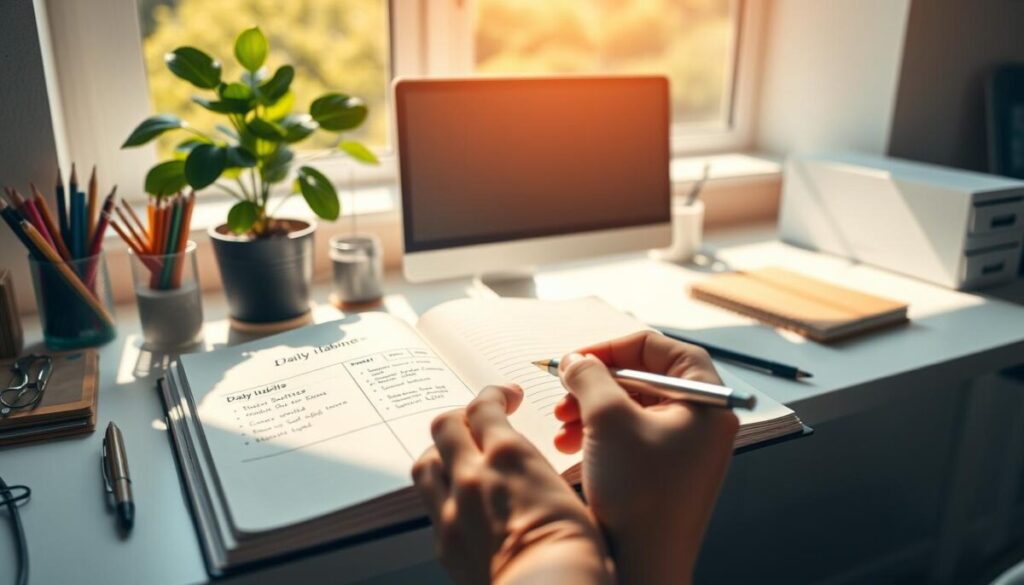 A sunlit workspace with an array of well-organized stationery, a potted plant, and a notebook open to a schedule of daily habits. In the foreground, a hand holding a pen, carefully crafting plans for sustainable routines. The middle ground features a sleek desktop computer and a minimalist desk setup, conveying a sense of focus and productivity. The background showcases a window overlooking a lush, verdant landscape, symbolizing the growth and rejuvenation that come with building lasting habits. The scene is bathed in warm, natural lighting, creating a serene and inspirational atmosphere.