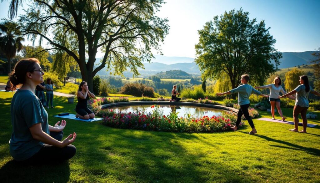 A tranquil outdoor scene showcasing a variety of mindfulness activities. In the foreground, a person sits cross-legged in a peaceful meditation pose, their eyes closed and their expression serene. Surrounding them are other people engaged in gentle yoga stretches, deep breathing exercises, and mindful walking. The middle ground features a lush, verdant garden with vibrant flowers and a tranquil pond. Soft, diffused natural lighting filters through the trees, creating a calming ambiance. In the background, rolling hills and a clear blue sky complete the serene, picturesque landscape. The overall mood is one of serenity, focus, and present-moment awareness.