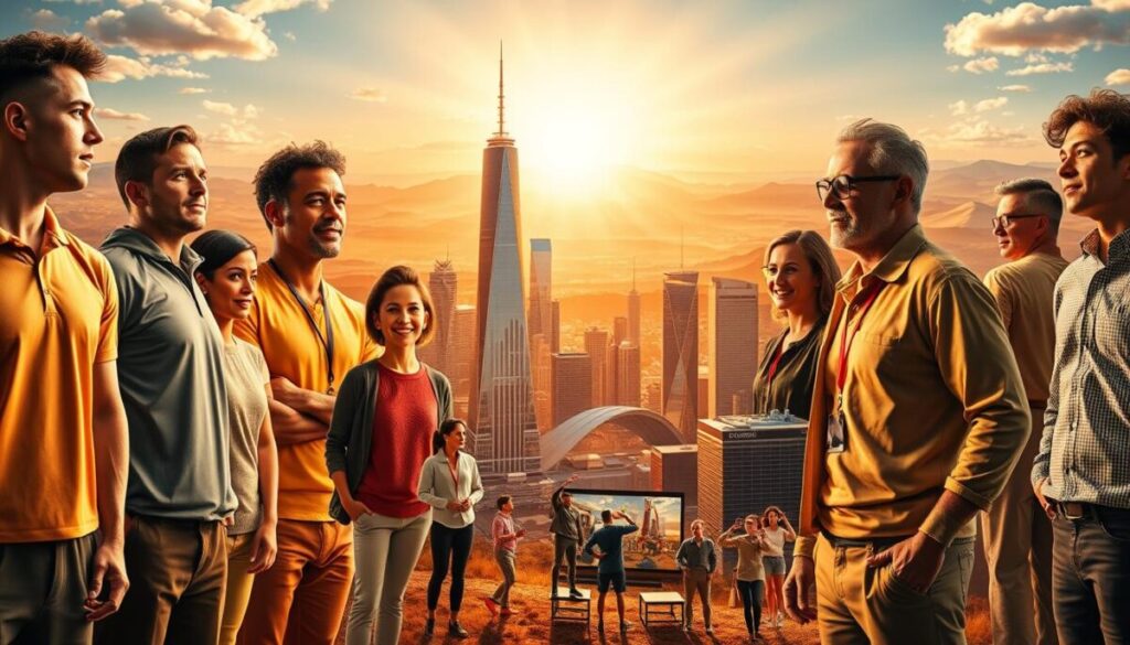 A vibrant collage depicting "success stories" that defy the impossible. In the foreground, a diverse cast of individuals - athletes, entrepreneurs, and innovators - stand tall, their expressions radiating confidence and determination. The middle ground showcases a tapestry of achievements, from towering skyscrapers to sleek technological innovations, all illuminated by warm, golden lighting. In the background, a backdrop of rolling hills and a radiant, sun-dappled sky create a sense of boundless possibility. The overall atmosphere is one of inspiration, resilience, and the unwavering belief that with passion and perseverance, the extraordinary can be achieved.