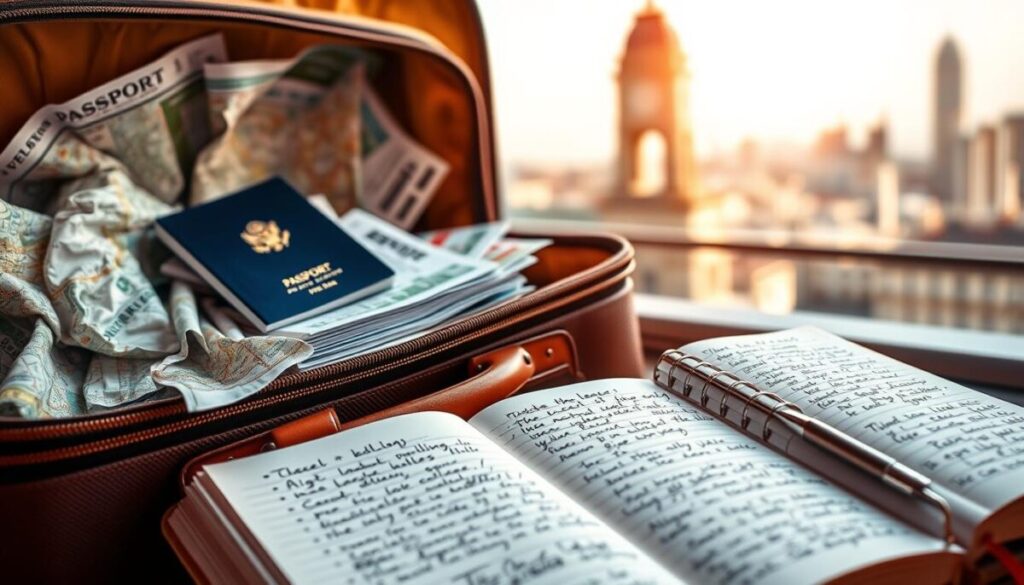 A vibrant collage of budget travel tips, captured in a dynamic and visually appealing composition. In the foreground, a suitcase overflows with crumpled maps, a passport, and a stack of discounted airline tickets. In the middle ground, a traveler's notebook lies open, its pages filled with handwritten notes on affordable accommodations and local delicacies. The background features a blurred cityscape, hinting at the diverse destinations accessible through savvy budgeting. Warm, golden lighting casts a cozy, inviting atmosphere, while a shallow depth of field draws the viewer's eye to the practical, money-saving tips at the heart of the scene.