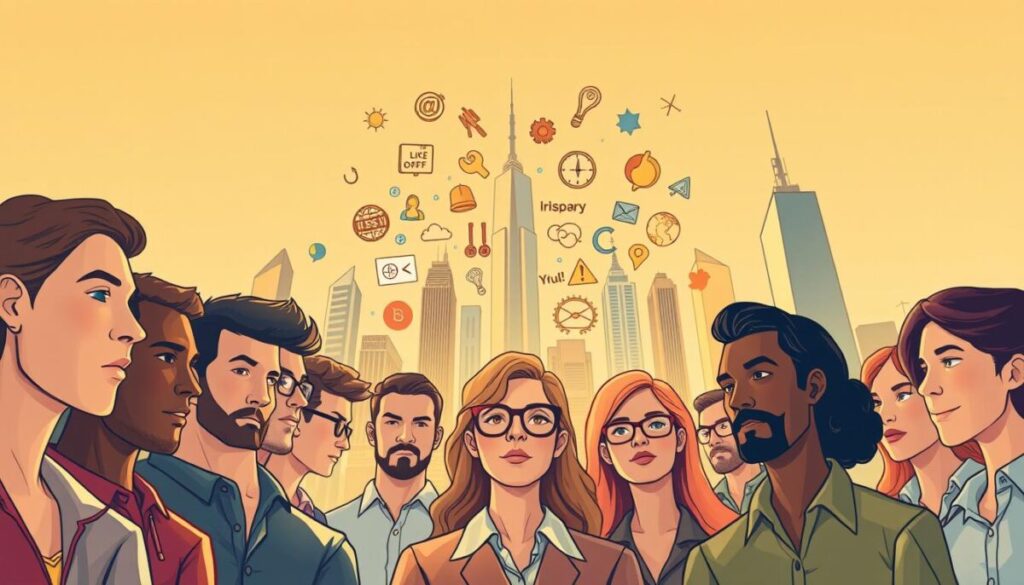 A vibrant, dynamic illustration of career and business motivation stories. In the foreground, a diverse group of individuals with determined expressions, each representing a unique personal journey. In the middle ground, a collage of meaningful symbols and icons representing different aspects of professional growth and achievement. The background depicts a cityscape filled with skyscrapers, conveying a sense of urban ambition and opportunity. Warm, golden lighting casts an inspirational glow, creating an atmosphere of optimism and drive. Cinematic camera angle, capturing the scene from a low perspective to emphasize the sense of aspiration and possibility.
