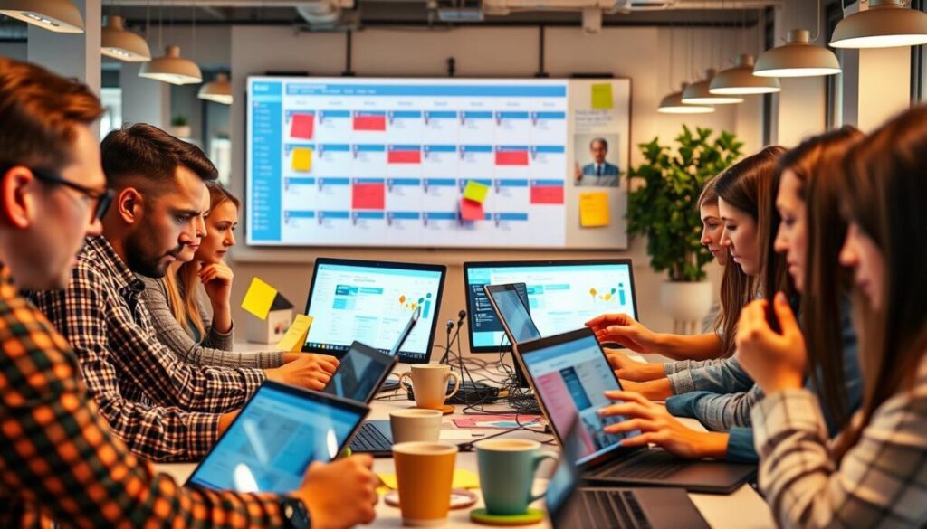 A vibrant, dynamic scene of social media schedulers at work. In the foreground, a team of focused professionals hunched over laptops, fingers flying across keyboards as they curate and schedule posts across various social platforms. Surrounded by colorful sticky notes, coffee mugs, and the glow of multiple screens, they radiate a sense of productivity and efficiency. In the middle ground, a large wall-mounted calendar and analytics dashboards provide valuable insights, guiding their strategic decisions. The background is softly blurred, hinting at a bustling open-concept office space, filled with the hum of collaboration and the energy of a well-oiled content marketing machine.