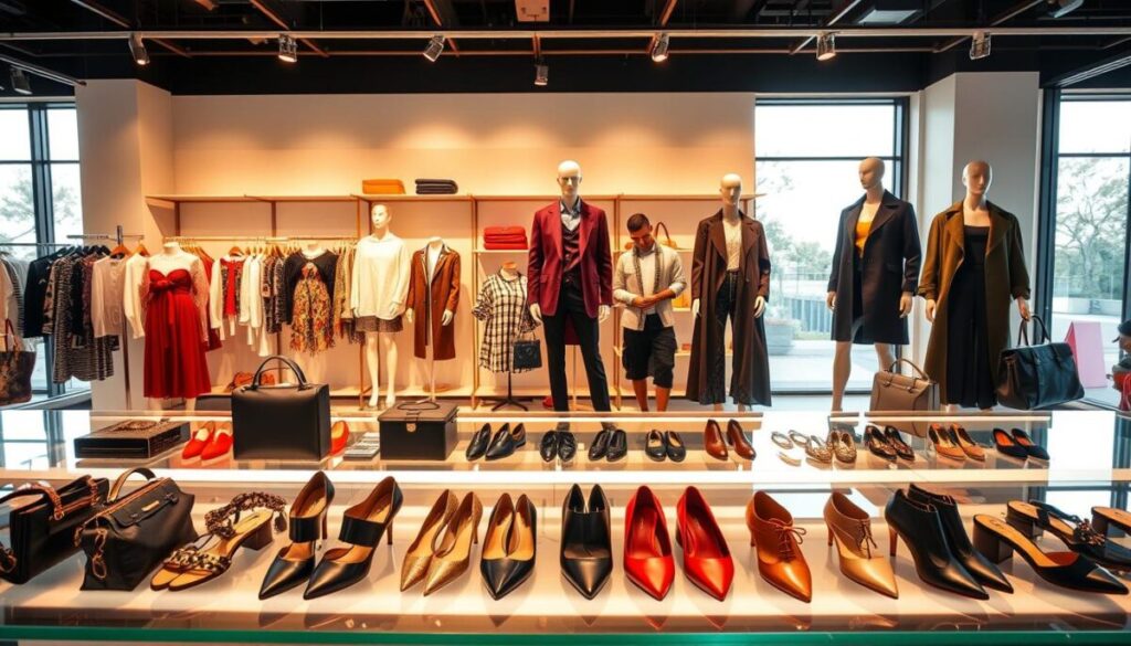 A vibrant fashion display showcasing a variety of clothing and accessory deals. In the foreground, an assortment of stylish outfits, bags, and shoes are arranged on a sleek glass countertop, bathed in warm, directional lighting that accentuates their textures and colors. In the middle ground, mannequins dressed in the latest trends stand against a backdrop of minimalist shelving, creating a visually appealing and organized retail space. The background features large windows that let in natural daylight, casting a soft, diffused glow over the entire scene and conveying a sense of exclusivity and premium quality. The overall mood is one of sophisticated style, luxury, and attainable fashion deals.