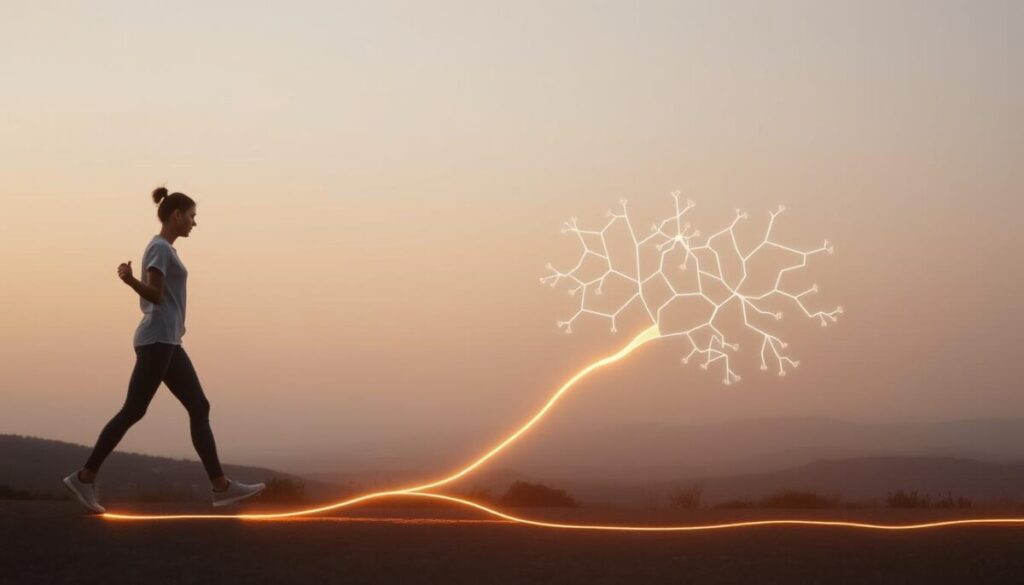 A visual representation of the habit formation process. In the foreground, a person performing a routine action, such as exercising or reading, with a glowing trail of light trailing behind their movements, illustrating the repetition and reinforcement of the habit. In the middle ground, a branching network of neural pathways, symbolizing the neural connections being strengthened through consistent practice. In the background, a serene, minimalist landscape, with soft, diffused lighting, creating a sense of calm and focus. The overall atmosphere should convey the gradual, step-by-step nature of habit formation, with a sense of progress and accomplishment.