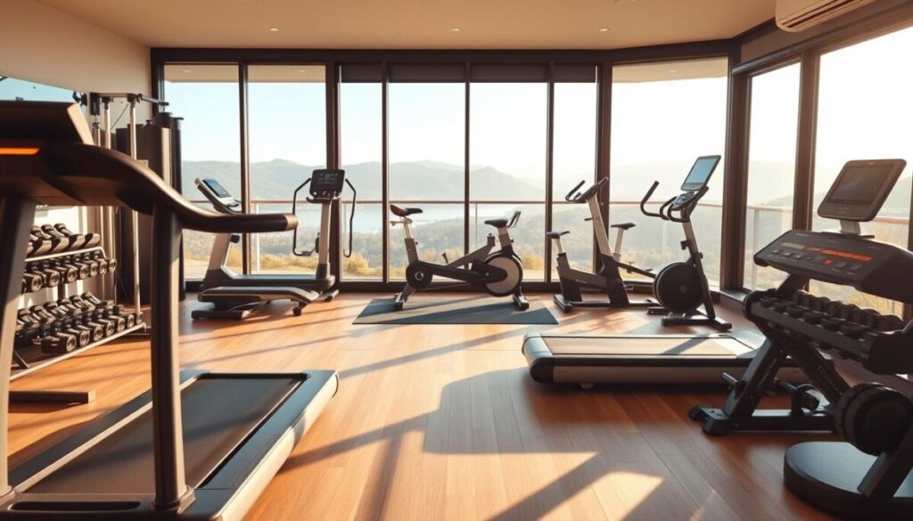A well-equipped home gym featuring an array of state-of-the-art exercise equipment bathed in warm, natural lighting. In the foreground, a sleek and modern treadmill stands ready for a challenging cardio session. Nearby, a high-quality weight bench and an assortment of free weights invite users to build strength and muscle. The middle ground showcases a high-tech stationary bike and a yoga mat, catering to a variety of fitness needs. In the background, floor-to-ceiling windows offer a scenic view, creating a serene and motivating atmosphere for the ultimate home workout experience.