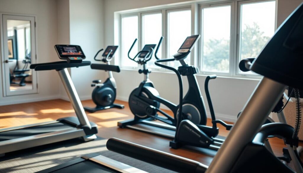 A well-equipped home gym with a variety of modern cardio machines. In the foreground, a high-end treadmill with sleek design and advanced features. In the middle ground, a stationary bike with adjustable resistance levels and a digital display. In the background, a sturdy elliptical trainer with a smooth, low-impact motion. The room is brightly lit with natural daylight filtering through large windows, creating a motivating and energetic atmosphere. The equipment is arranged in a visually pleasing layout, inviting the viewer to imagine an invigorating workout session. The overall scene conveys a sense of premium quality, functionality, and personal fitness.
