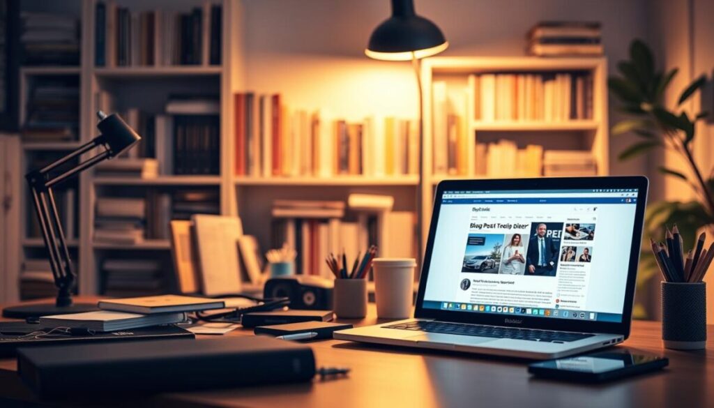 A well-lit desk scene with an array of modern blogging tools in the foreground. In the middle ground, a laptop displaying a blog post editor, and in the background, a bookshelf filled with resources for beginner bloggers. The lighting is soft and warm, creating a cozy and productive atmosphere. The tools are neatly arranged, suggesting organization and efficiency. The overall composition conveys the idea of a workspace designed for creative and effective blogging.