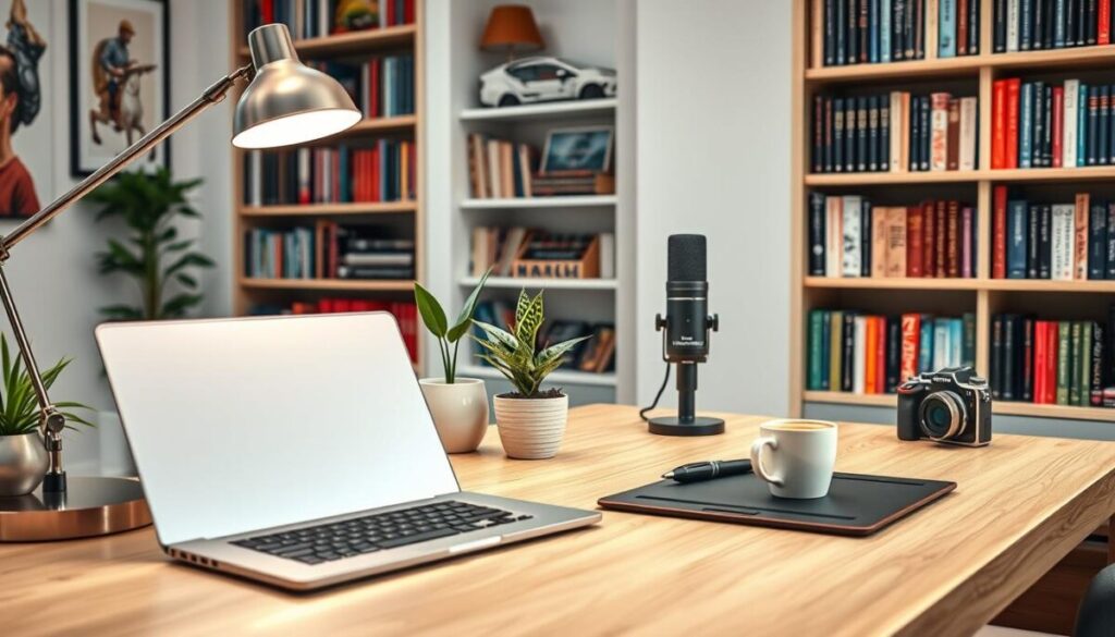 A well-lit, modern home office setup with an array of essential blogging tools. In the foreground, a high-quality laptop and a stylish pen tablet for digital art and content creation. On the desk, an elegantly designed desk lamp, a soothing potted plant, and a mug of hot coffee. In the middle ground, a professional-grade microphone and a compact camera for recording and capturing visuals. The background showcases tasteful bookshelves filled with informative volumes on blogging, marketing, and content strategy. The overall atmosphere exudes a sense of productivity, creativity, and a commitment to content excellence.