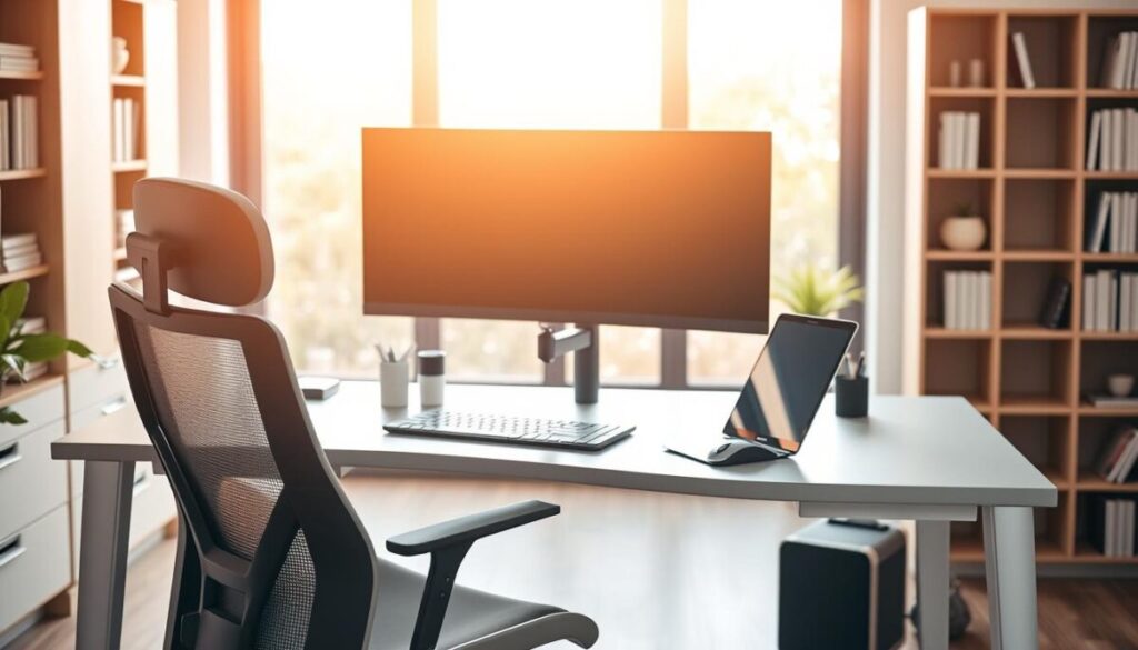 A well-lit, modern home office with a sleek, minimalist desk setup. In the foreground, an ergonomic office chair with adjustable lumbar support and a high-quality desk with a smooth, matte finish. On the desk, a laptop, wireless mouse, and minimal desk organizers. The middle ground features a large, high-resolution monitor mounted on an adjustable arm, ensuring optimal viewing angle and reducing neck strain. Bookshelves or storage units line the background, creating a sense of organization and productivity. Warm, natural lighting filters in through large windows, casting a soft glow over the space. The overall atmosphere is one of balance, comfort, and efficiency, reflecting the principles of ergonomic design.