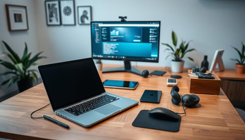 A well-lit modern office workspace with a variety of productivity tools neatly arranged on a sleek wooden desk. In the foreground, a high-resolution laptop, a stylus, and a wireless mouse sit alongside a professional-grade desk organizer with compartments for pens, sticky notes, and other small essentials. Behind them, a high-quality external monitor displays a productivity-focused digital interface. In the middle ground, a compact wireless charging station, a high-quality noise-cancelling headset, and a tablet device rest on the desk, conveying a sense of seamless technological integration. The background features minimalist wall decor and potted plants, creating a calming yet focused atmosphere ideal for efficient, distraction-free work.