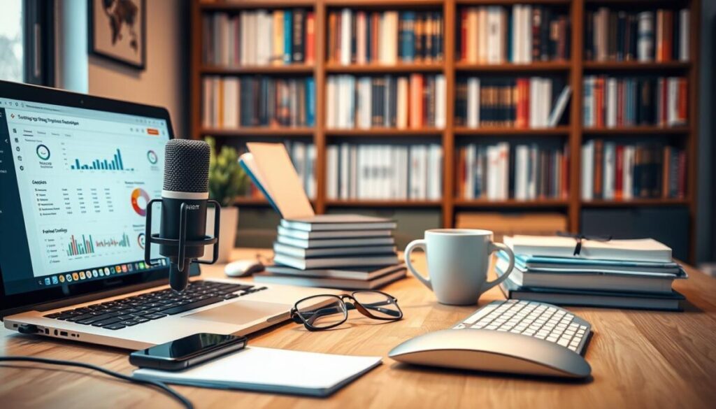 A well-lit, professional desktop scene showcasing various SEO tools for bloggers. In the foreground, a laptop displays a search engine optimization dashboard, surrounded by a high-quality microphone, a smartphone, and a stack of notebooks. In the middle ground, a cup of coffee and a pair of glasses sit next to a keyboard and mouse. The background features a bookshelf filled with marketing and blogging resources, creating a cozy, productive atmosphere. Captured with a shallow depth of field and warm lighting to emphasize the tools and resources available to bloggers seeking to improve their content's search engine visibility.
